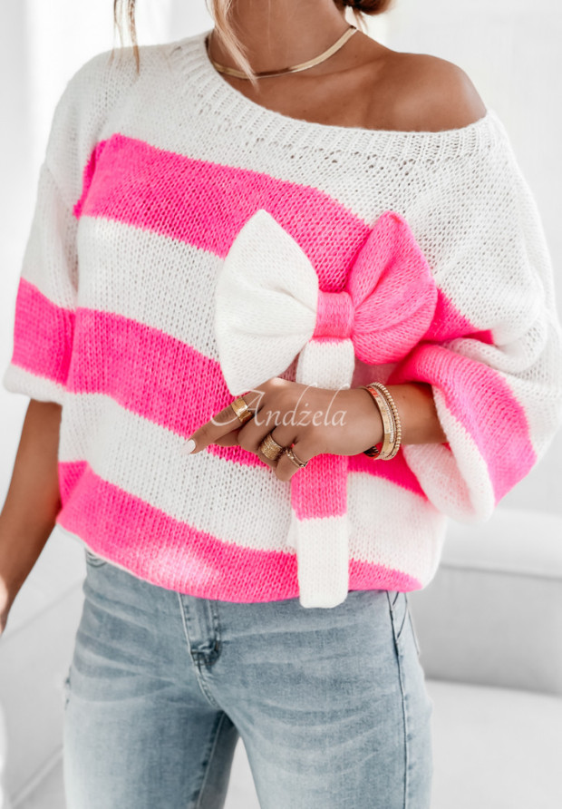Sweter w paski z kokardą Brilliant Blend różowy