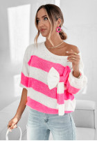 Sweter oversize w paski z kokardką Vibrant Vibes różowy