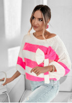 Sweter oversize w paski z kokardką Vibrant Vibes różowy
