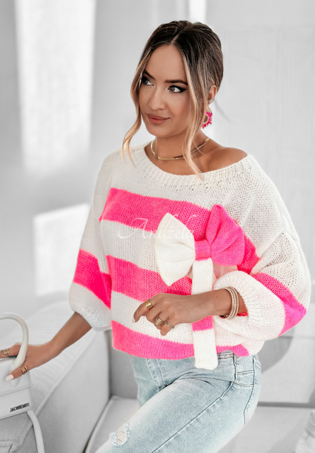 Sweter w paski z kokardą Brilliant Blend różowy