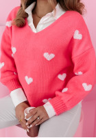 Sweter oversize w serca Hearts All Over neonowy różowy