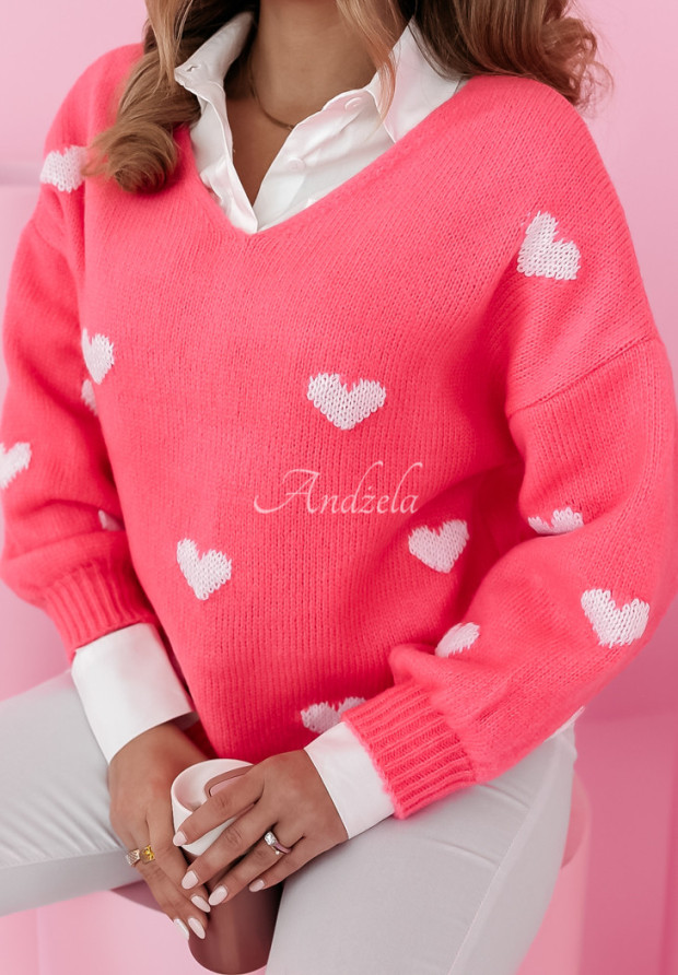 Sweter oversize w serca Hearts All Over neonowy różowy