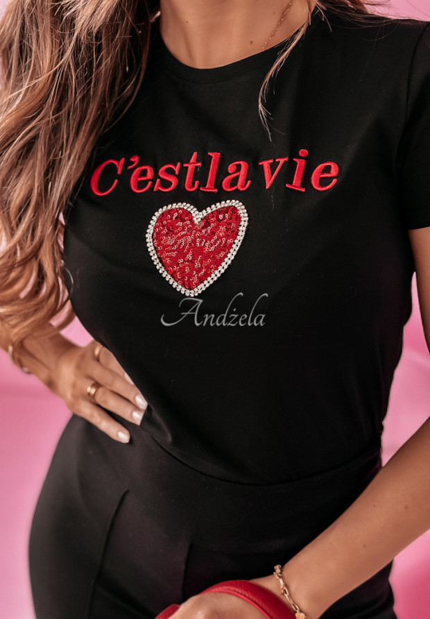 T-shirt z ozdobną aplikacją C'est La Vie czarno-czerwony