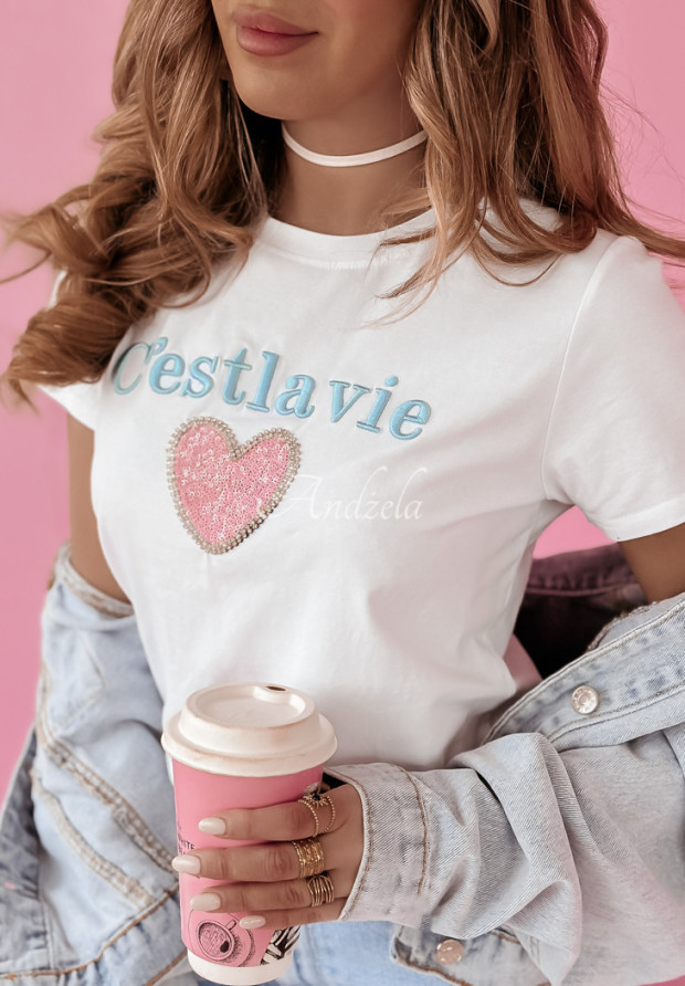 T-shirt z ozdobną aplikacją C'est La Vie biało-różowy