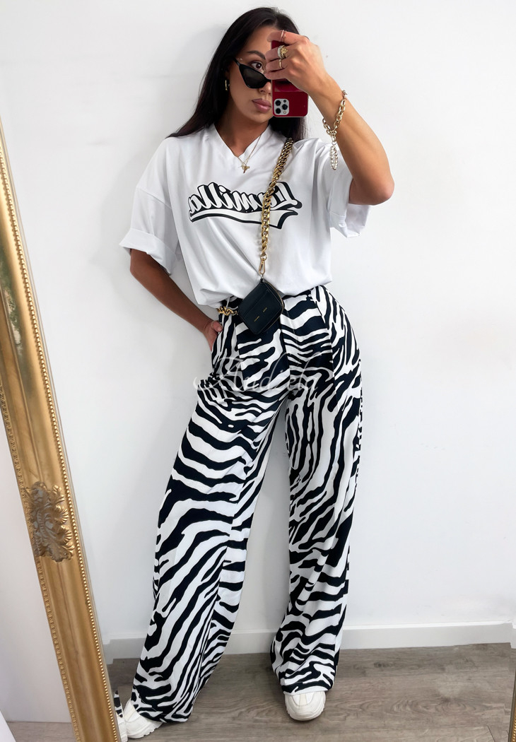 La Milla Savanna fabric wide leg pants in zebra white and black