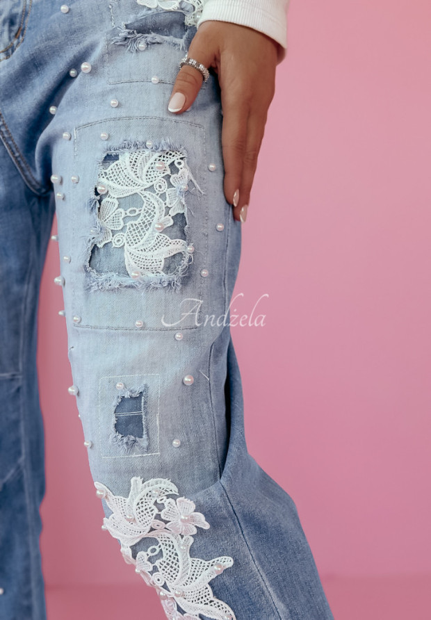 Spodnie jeansowe z koronkowymi aplikacjami Lace Treasure niebieskie