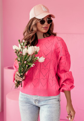Ażurowy sweter w serca Be My Valentine różowy