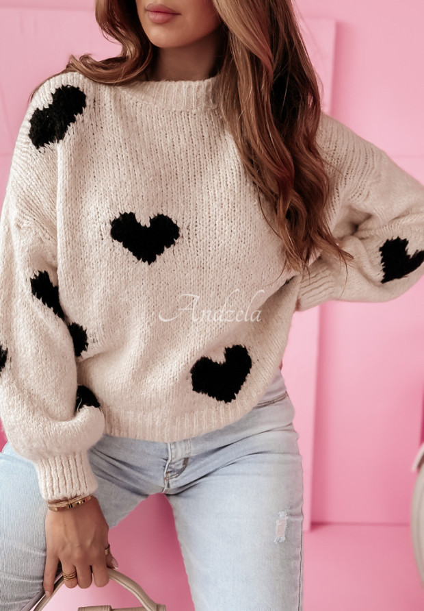 Sweter oversize w serca Love You Still beżowo-czarny