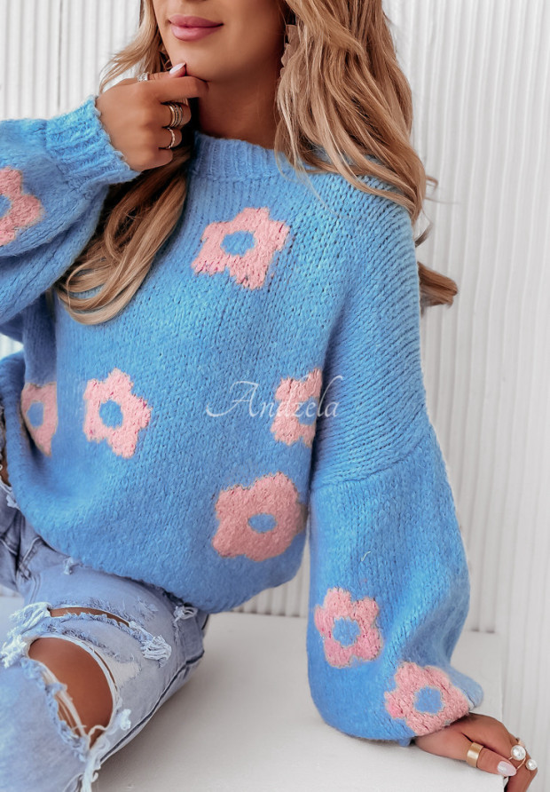 Sweter oversize w kwiaty Be My Flower niebieski