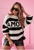 Sweter oversize w paski z napisem Amour beżowo-czarny