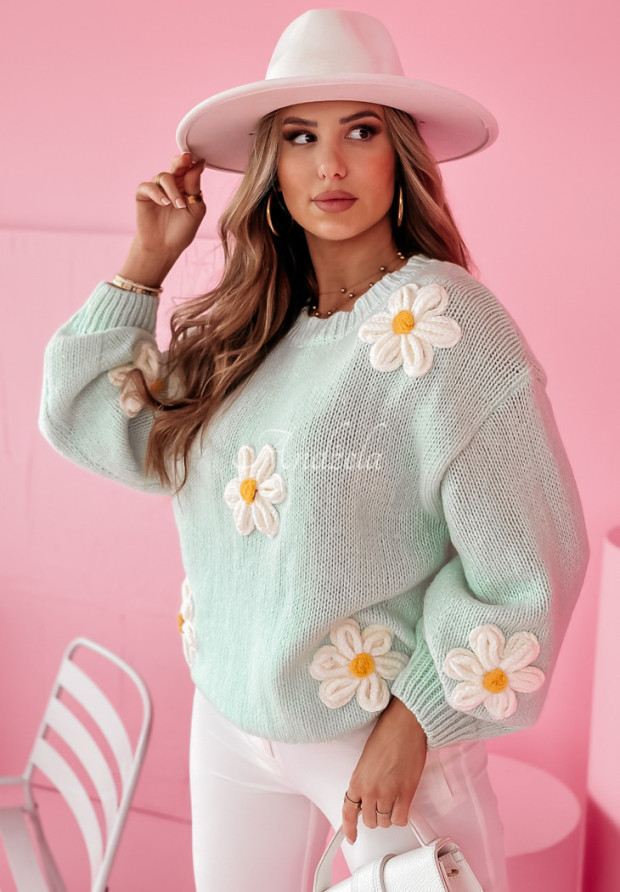Sweter oversize z kwiatami Garden Delight miętowy