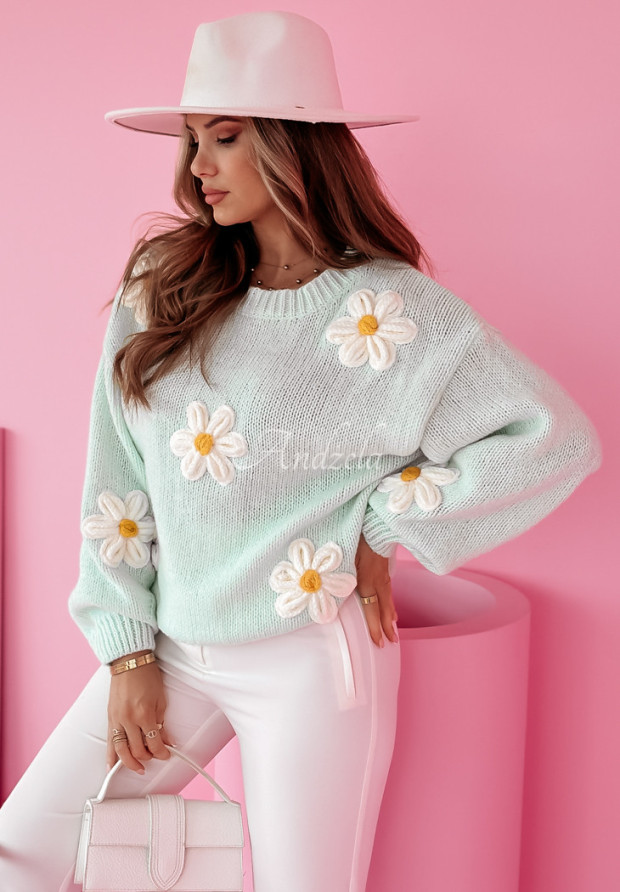 Sweter oversize z kwiatami Garden Delight miętowy