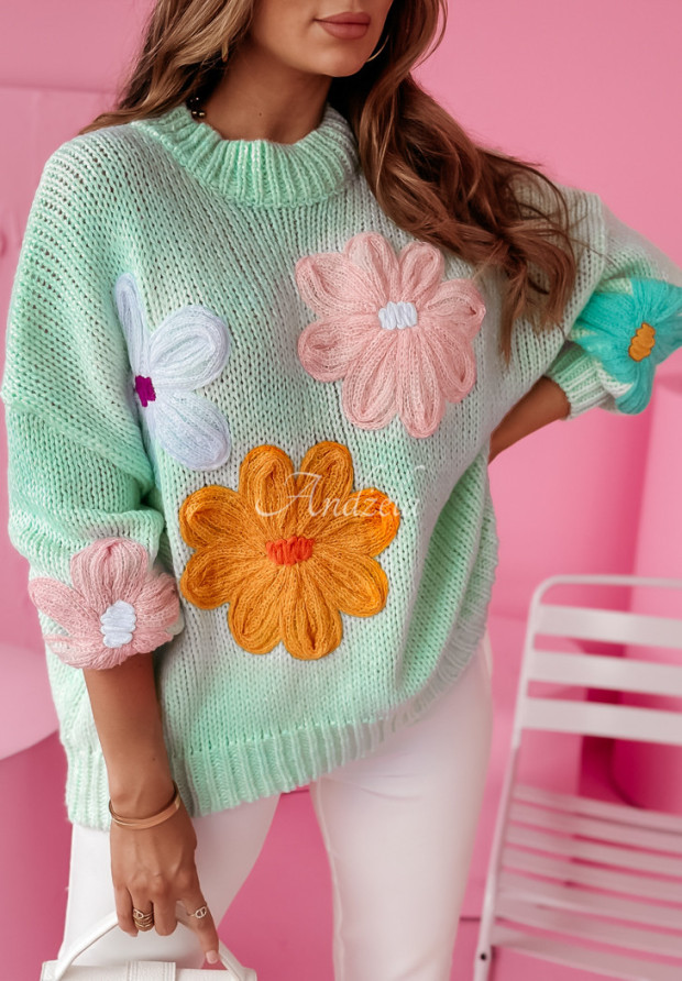 Sweter oversize z kwiatami Flower Fields miętowy