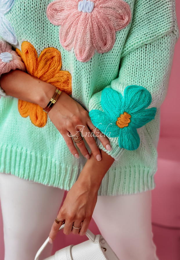 Sweter oversize z kwiatami Flower Fields miętowy