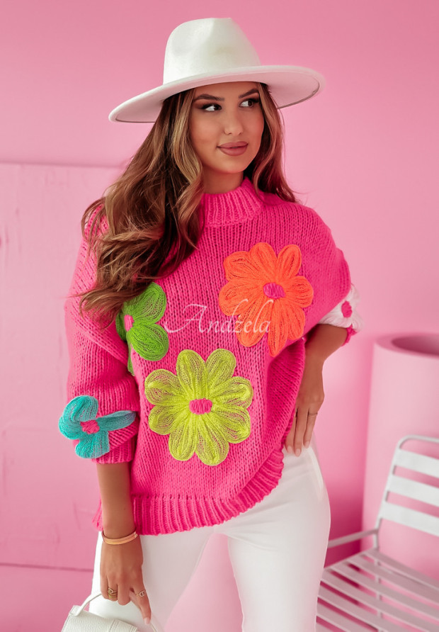 Sweter oversize z kwiatami Flower Fields fuksjowy