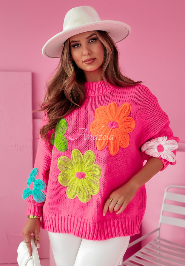 Sweter oversize z kwiatami Flower Fields fuksjowy