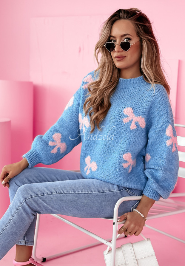 Sweter oversize w kokardki Bow Attitude błękitny