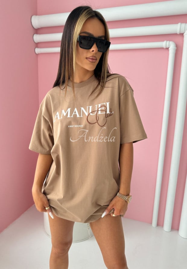 T-shirt z nadrukiem La Manuel Club camelowy