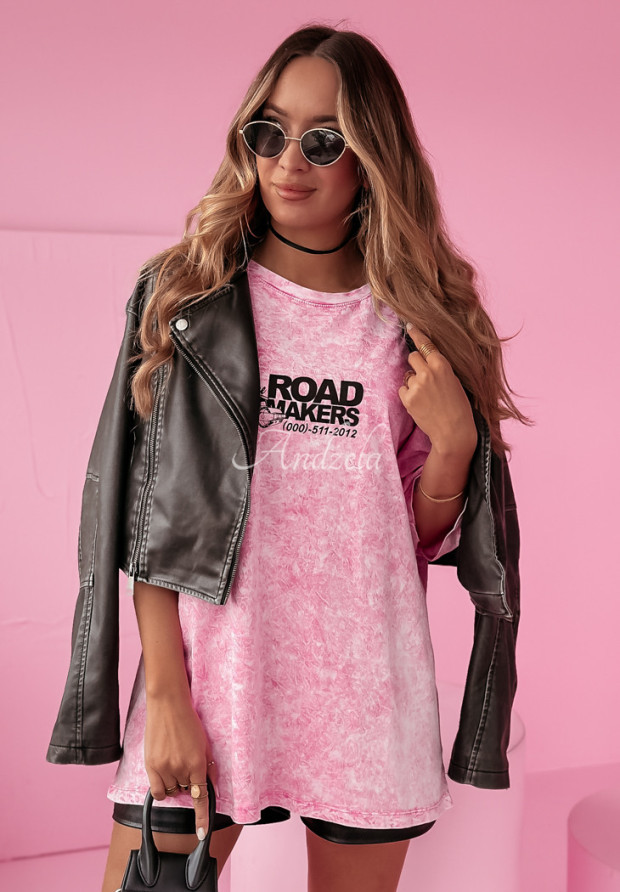 Długi T-shirt z nadrukiem The Road Makers różowy