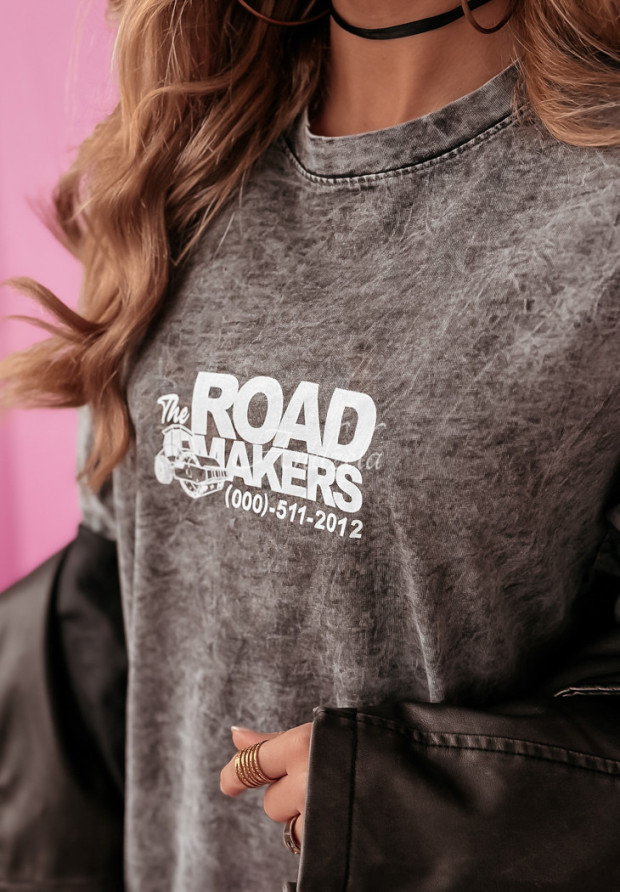 Długi T-shirt z nadrukiem The Road Makers ciemnoszary