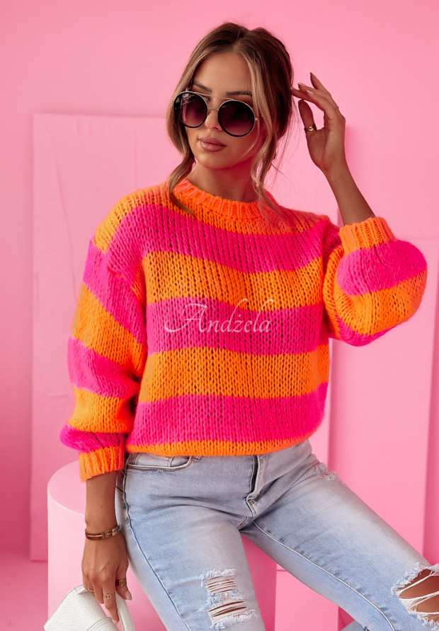 Krótki sweter w paski Verso pomarańczowo-różowy