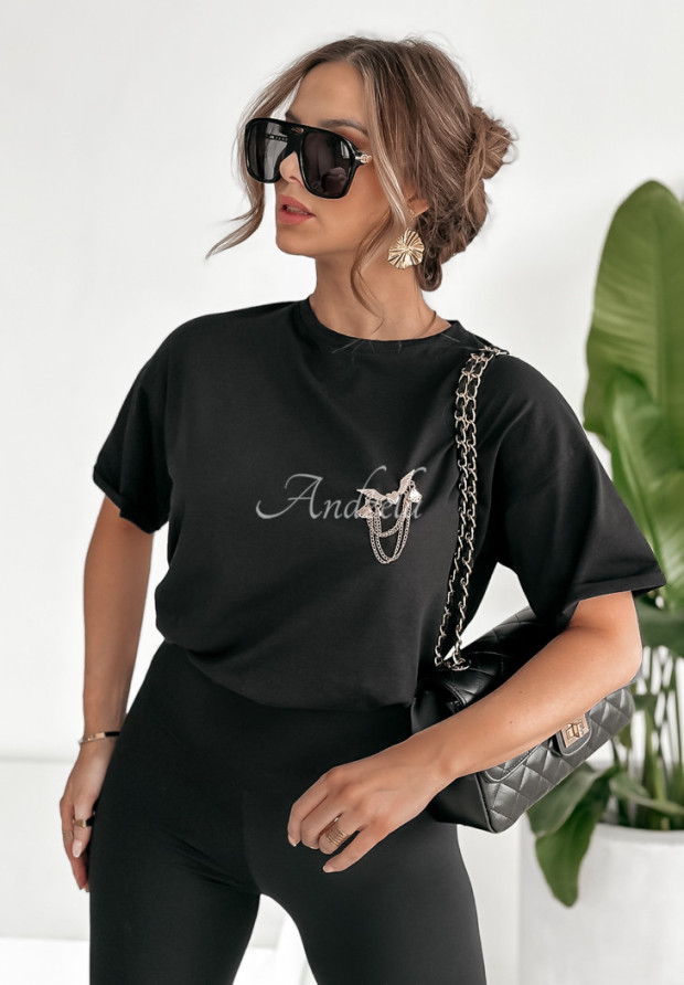 T-shirt z ozdobną broszką Nebula Glam czarny