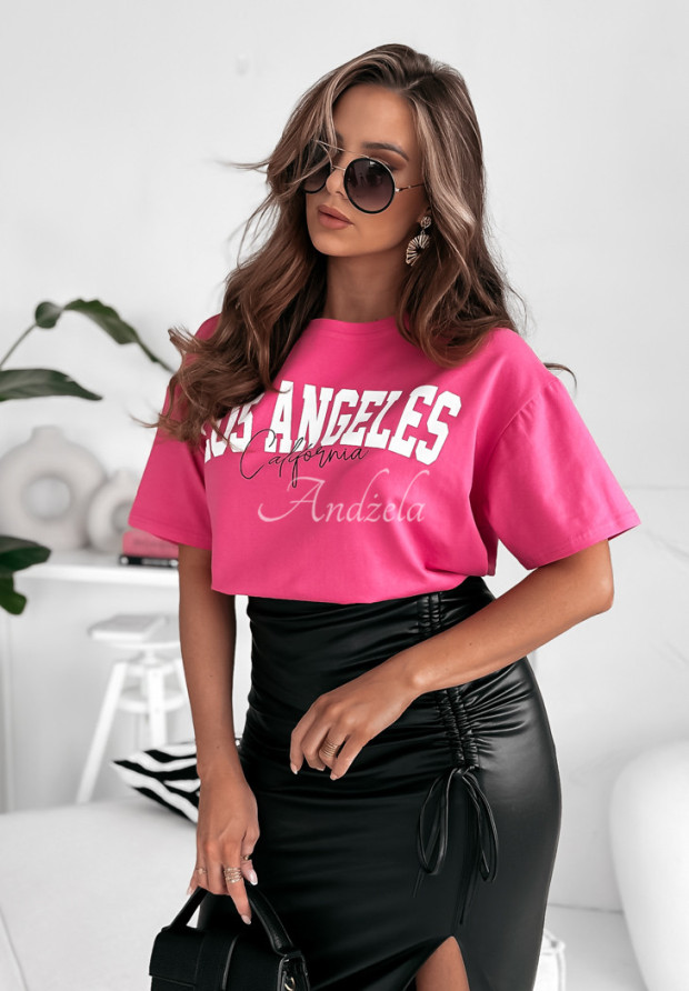 T-shirt oversize z nadrukiem LA California różowy