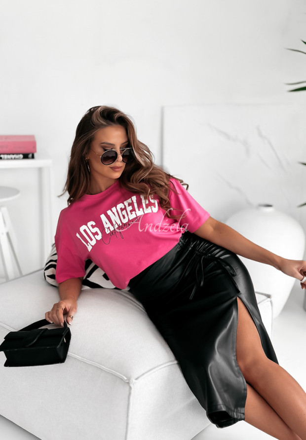 T-shirt oversize z nadrukiem LA California różowy