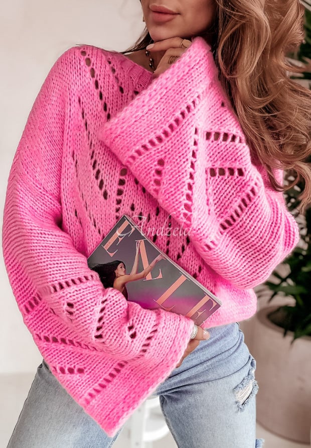 Ażurowy sweter z szerokimi rękawami Softened Touch różowy