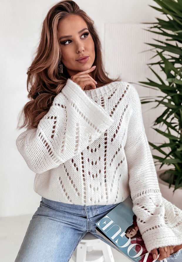 Ażurowy sweter z szerokimi rękawami Softened Touch ecru
