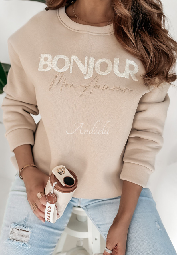 Bluza oversize z napisem Bonjour Mon Amour beżowa