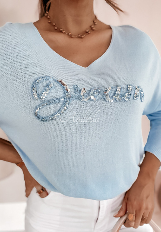 Lekki sweter z ozdobnym napisem Dream błękitny