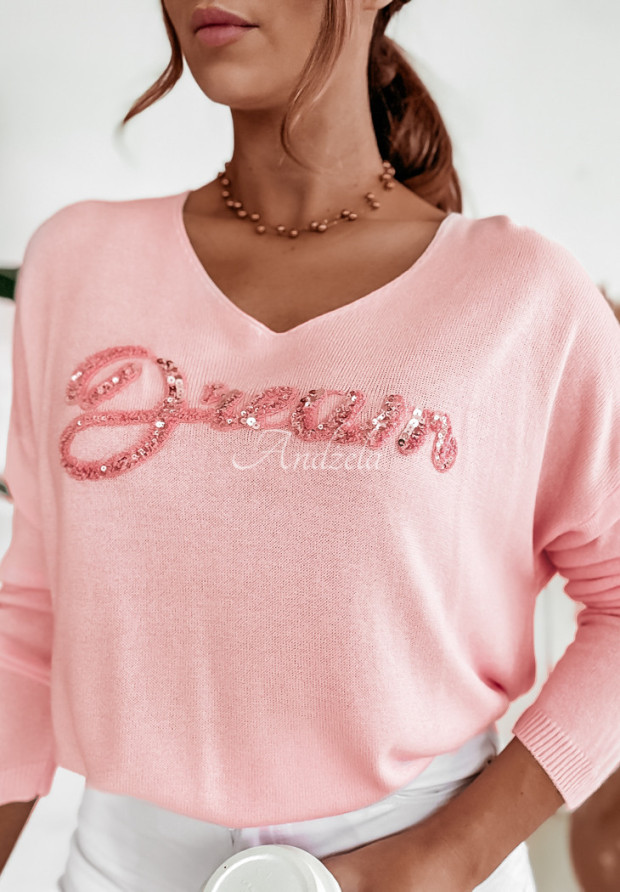 Lekki sweter z ozdobnym napisem Dream różowy