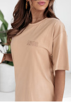T-shirt oversize z haftem I Am Limited Edition camelowy