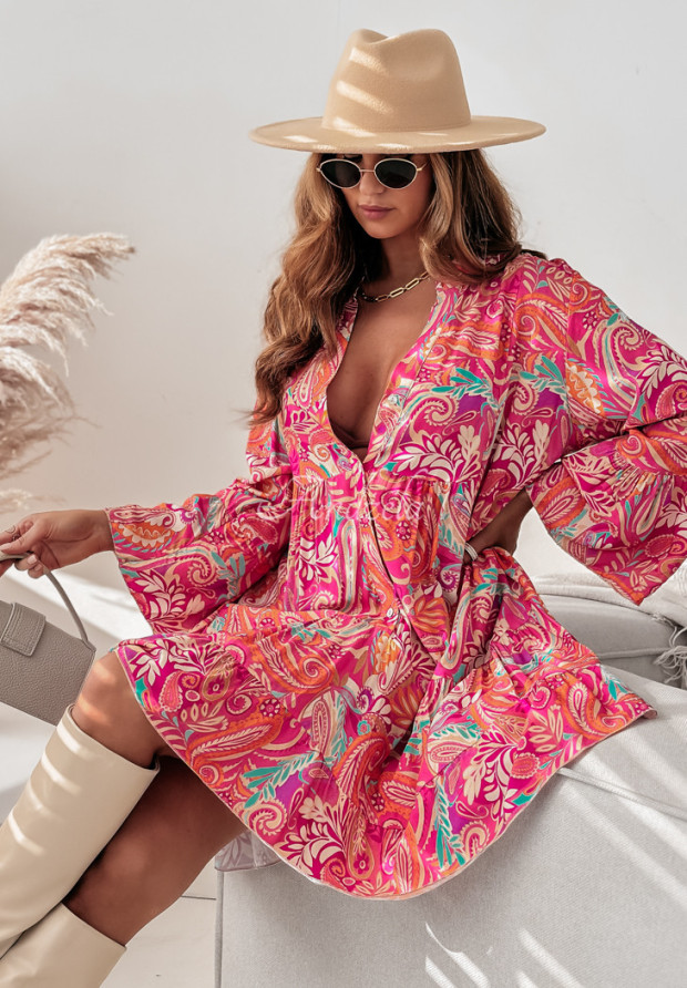 Wzorzysta sukienka z falbankami Relaxed Sunshine różowa