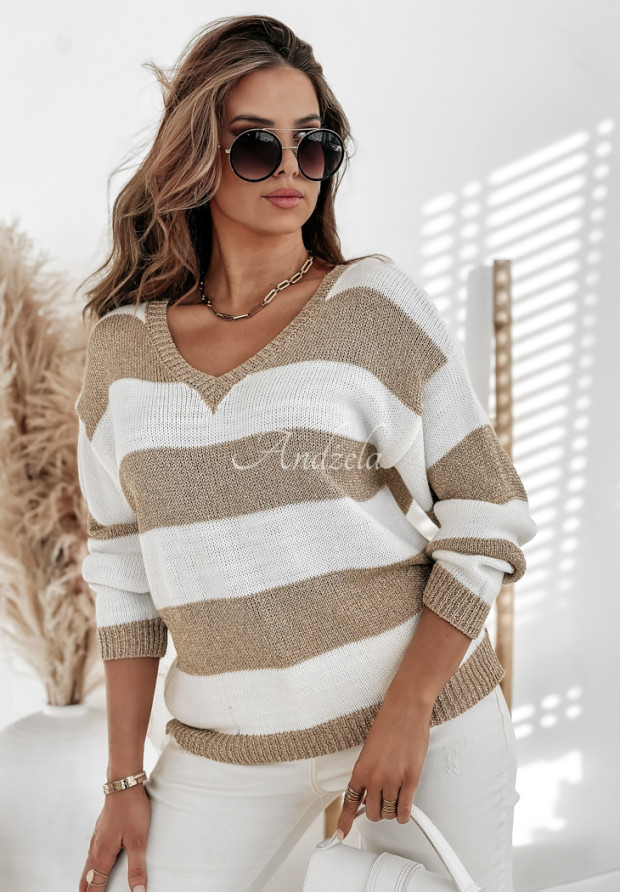 Sweter w paski Viva La Vita biało-złoty