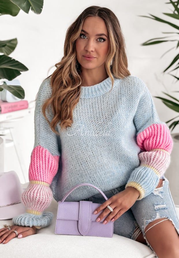 Sweter oversize z bufiastymi rękawami Rainbow Rhapsody błękitny