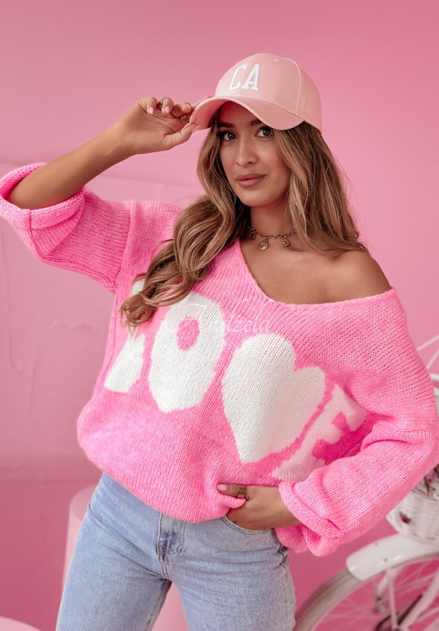 Sweter oversize z napisem Love różowy