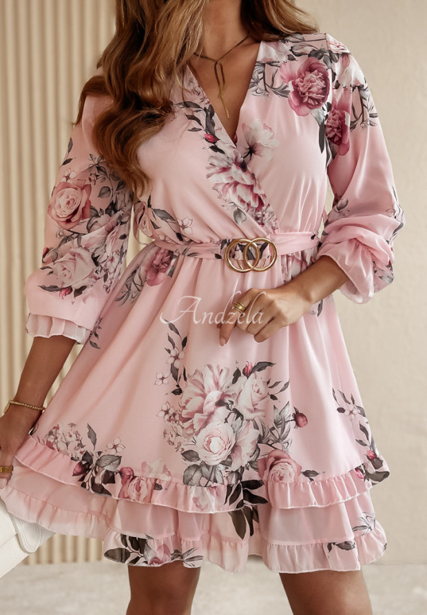 Kwiecista sukienka z falbankami Petal Cascade pudrowy róż