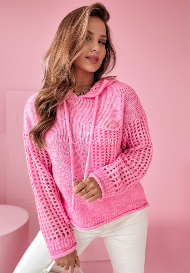 Ażurowy sweter z kapturem She Thrives różowy