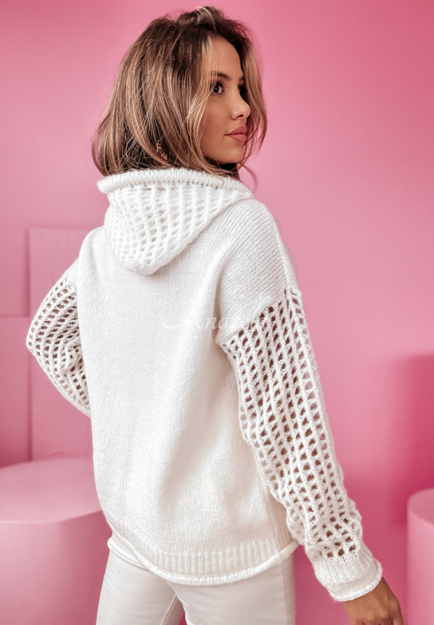 Ażurowy sweter z kapturem She Thrives ecru