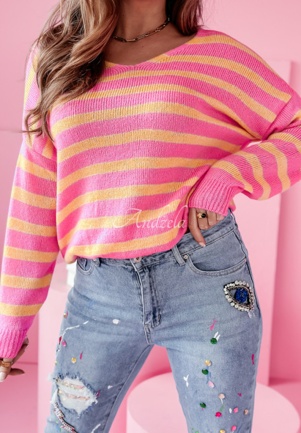 Sweter oversize w paski Born To Inspire różowo-pomarańczowy