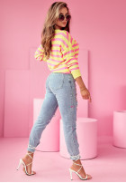 Sweter oversize w paski Born To Inspire różowo-żółty