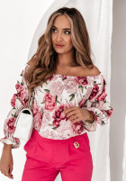 Kwiecista bluzka hiszpanka z bufkami Diva Divinity różowa