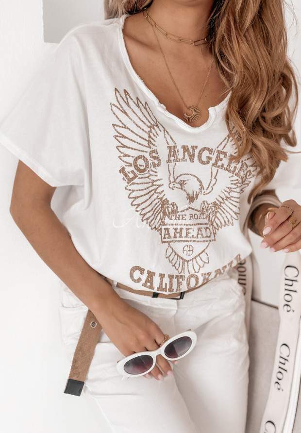 T-shirt z nadrukiem Los Angeles CA biało-beżowy