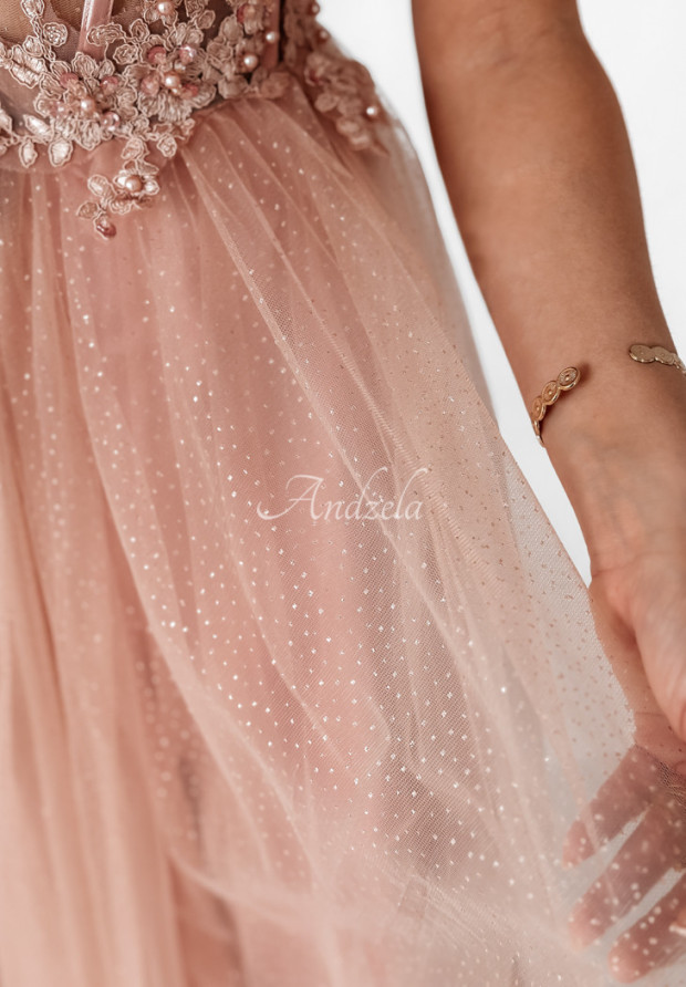 Tiulowa sukienka maxi Wonderfully pudrowy róż
