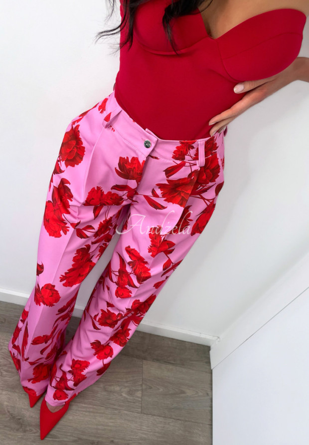 Kwieciste spodnie wide leg Bloom & Brilliance różowo-czerwone