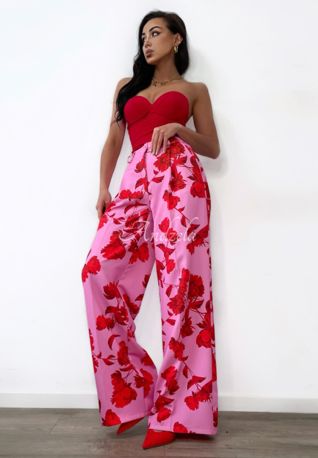 Kwieciste spodnie wide leg Bloom & Brilliance różowo-czerwone