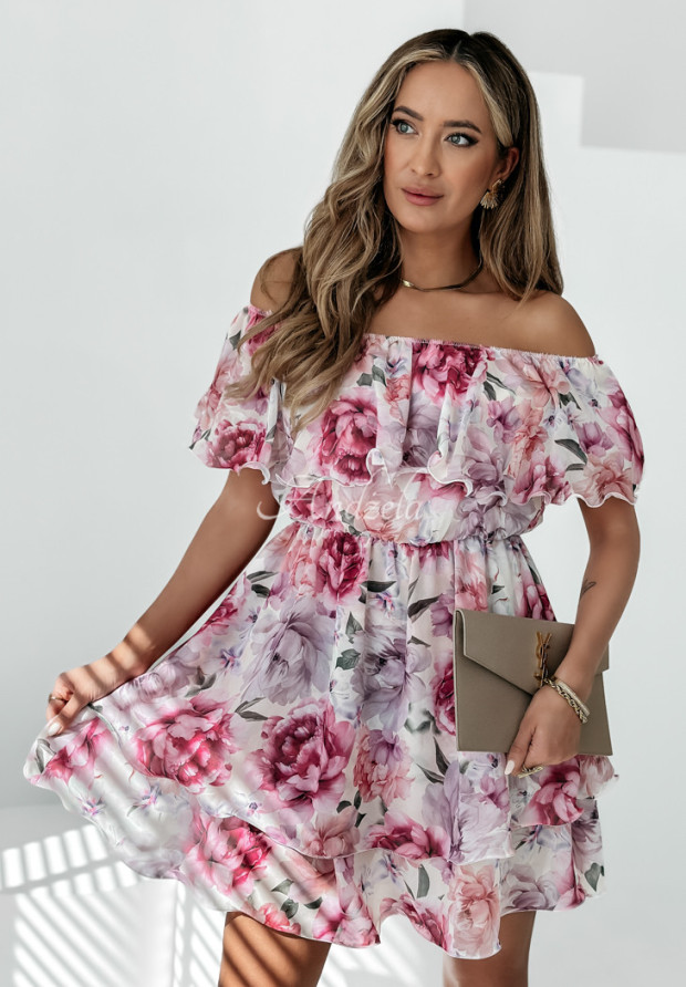 Kwiecista sukienka hiszpanka Botanical Dreamer różowo-liliowa