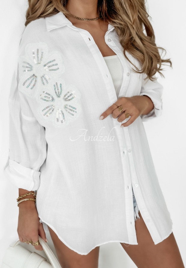 Koszula z ozdobną aplikacją Flower Sequins biała